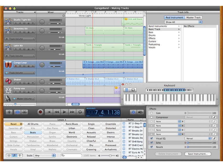 GarageBand's Loop Browser (bottom left) makes finding the right sound easy.